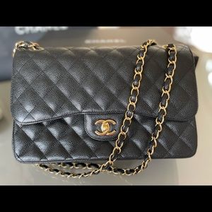 CHANEL Classic Jumbo Caviar Double Flap Bag Black w Gold Hardware.